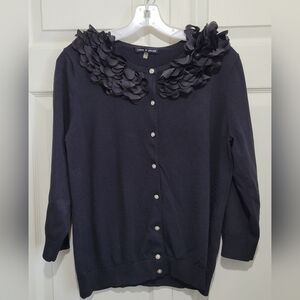 Cable & Gauge, Black Cardigan Sweater with Floral Accent Collar, sz XL